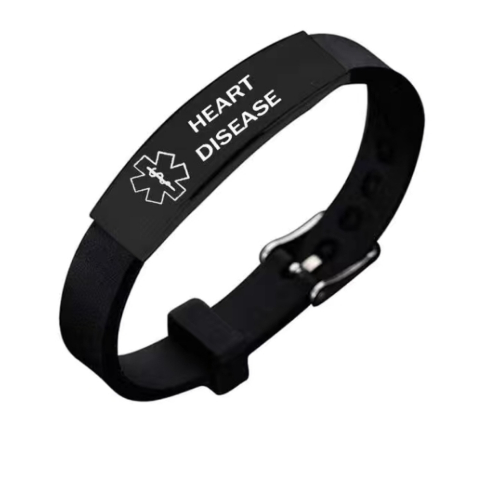 Silicone Heart Disease alert wristband,  adjustable 8" watch style strap